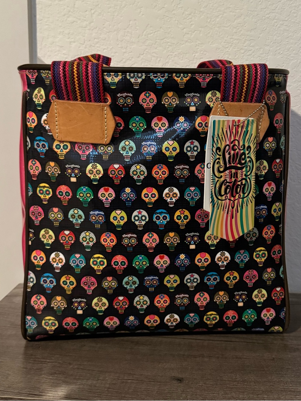 Consuela Black Tote with mini Colorful Sugar Skull Print and Striped Handles